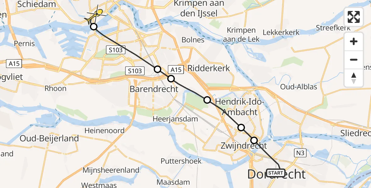 Routekaart van de vlucht: Lifeliner 2 naar Erasmus MC, Dubbeldamseweg Zuid