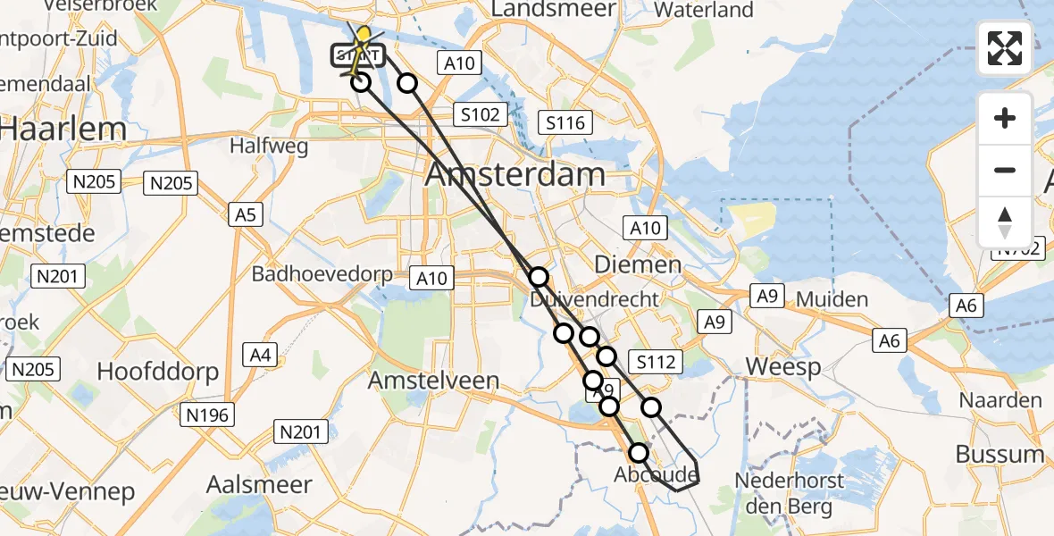 Routekaart van de vlucht: Lifeliner 1 naar Amsterdam Heliport, Kajuitpad