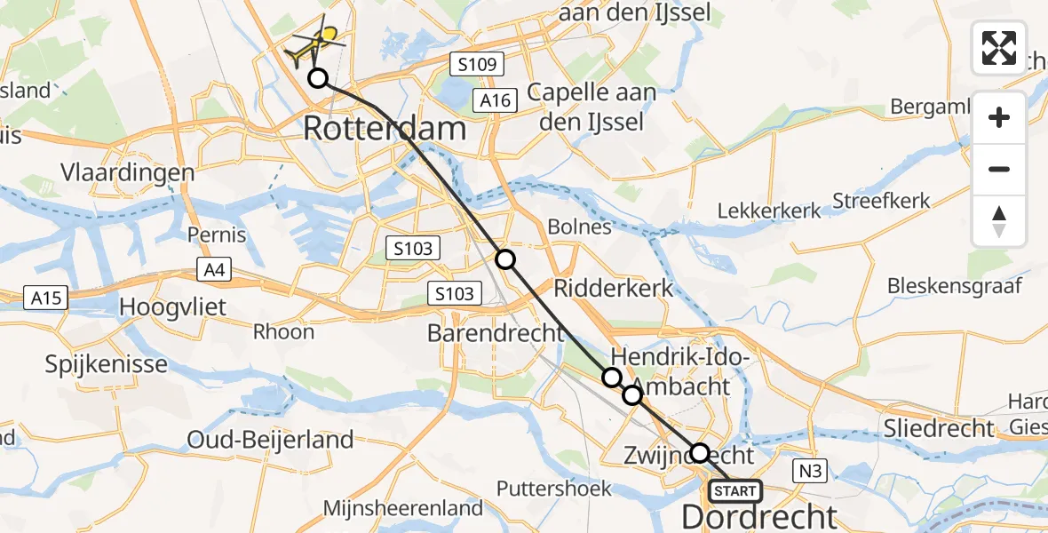 Routekaart van de vlucht: Lifeliner 2 naar Rotterdam The Hague Airport, Buiten Kalkhaven
