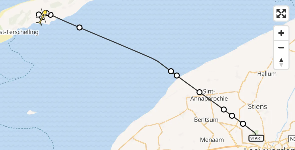 Routekaart van de vlucht: Ambulancehelikopter naar Midsland, Keegsdijkje