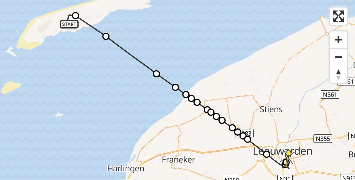 Routekaart van de vlucht: Ambulancehelikopter naar Leeuwarden, Midslander Longway