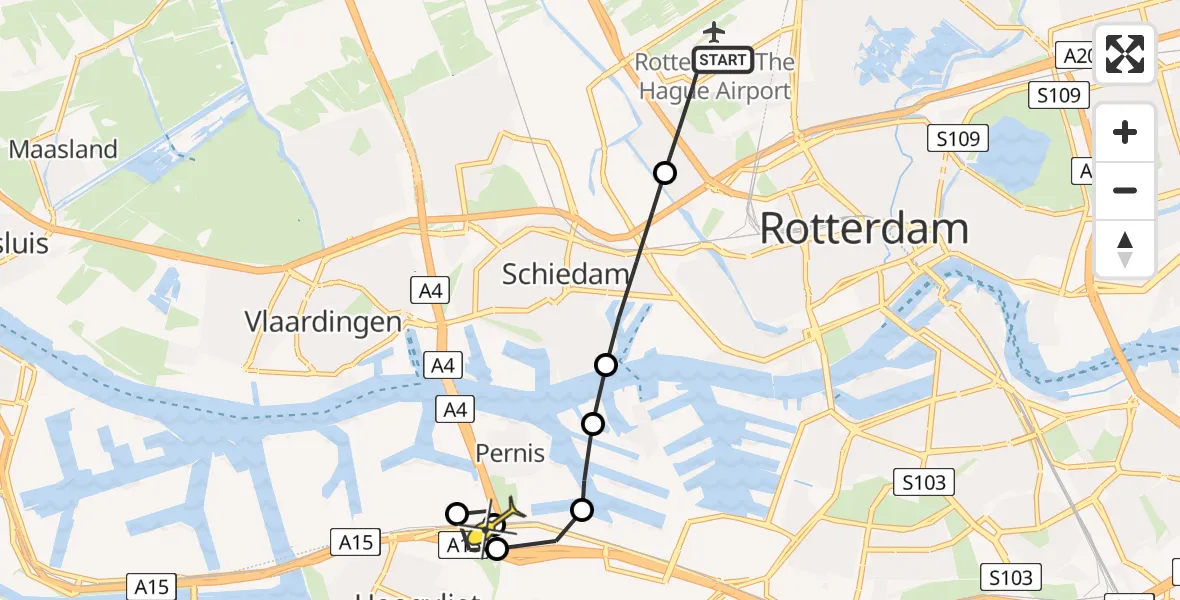 Routekaart van de vlucht: Lifeliner 2 naar Hoogvliet, Schipholstraat