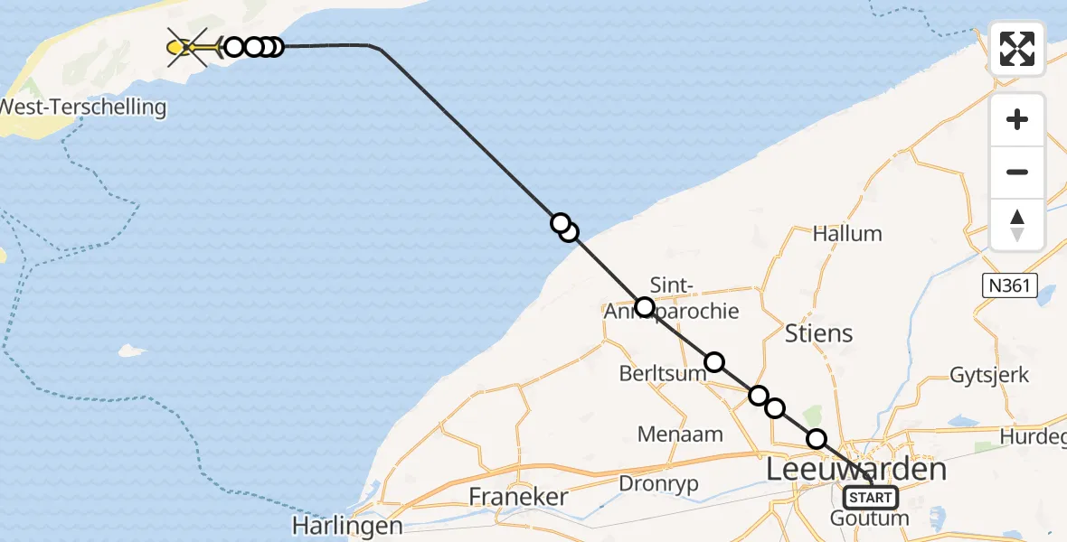 Routekaart van de vlucht: Ambulancehelikopter naar Landerum, Borniastraat