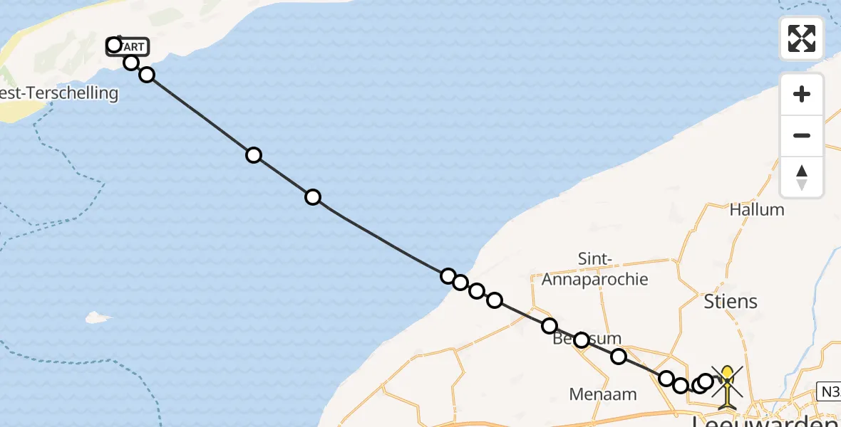 Routekaart van de vlucht: Ambulancehelikopter naar Vliegbasis Leeuwarden, Vluchtweg
