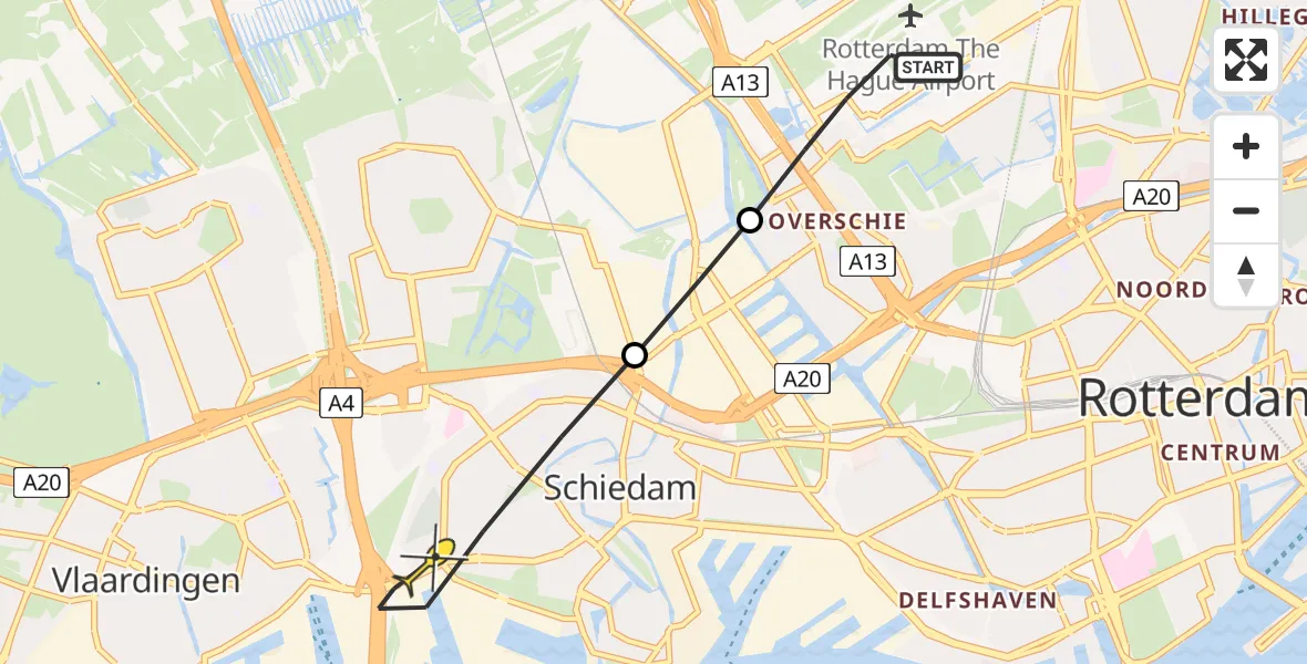 Routekaart van de vlucht: Lifeliner 2 naar Schiedam, Wouwerlaan