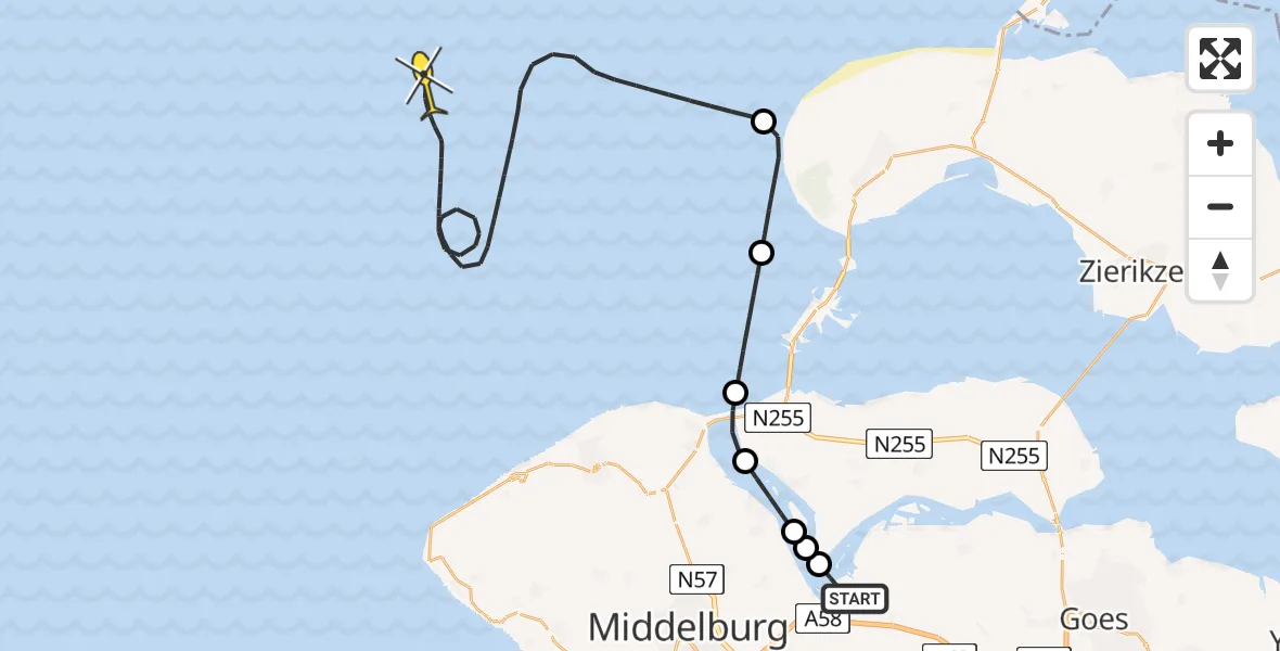 Routekaart van de vlucht: Kustwachthelikopter naar Oranjeplaatweg