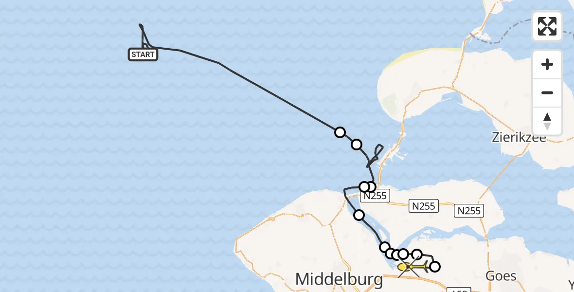 Routekaart van de vlucht: Kustwachthelikopter naar Vliegveld Midden-Zeeland, Polredijk