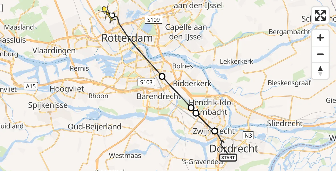 Routekaart van de vlucht: Lifeliner 2 naar Rotterdam The Hague Airport, Meindert Hobbemastraat