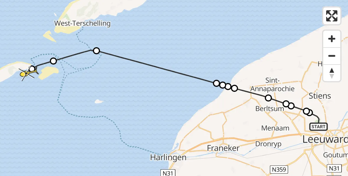 Routekaart van de vlucht: Ambulancehelikopter naar Vlieland Heliport, Keegsdijkje