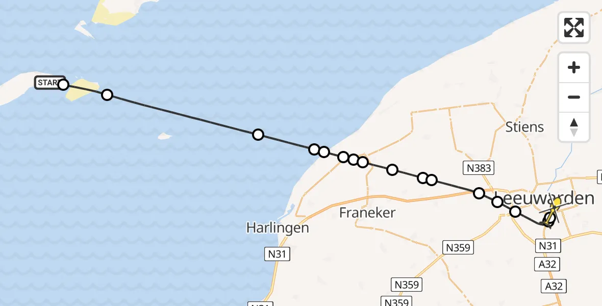 Routekaart van de vlucht: Ambulanceheli naar Leeuwarden, Vliesloot