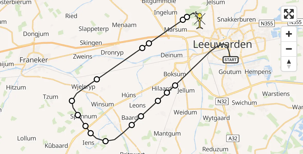Routekaart van de vlucht: Ambulancehelikopter naar Vliegbasis Leeuwarden, Nauwesteeg