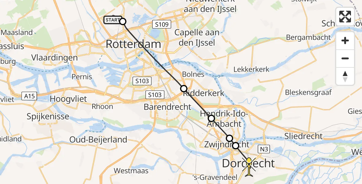 Routekaart van de vlucht: Lifeliner 2 naar Dordrecht, Fairoaksbaan