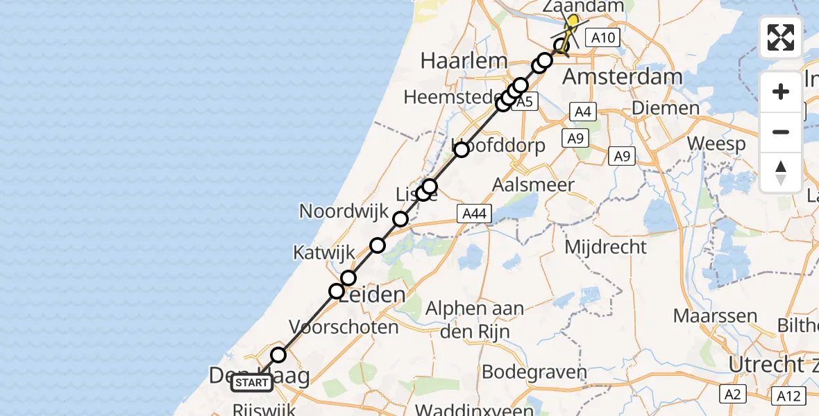 Routekaart van de vlucht: Lifeliner 1 naar Amsterdam Heliport, Blekerslaan