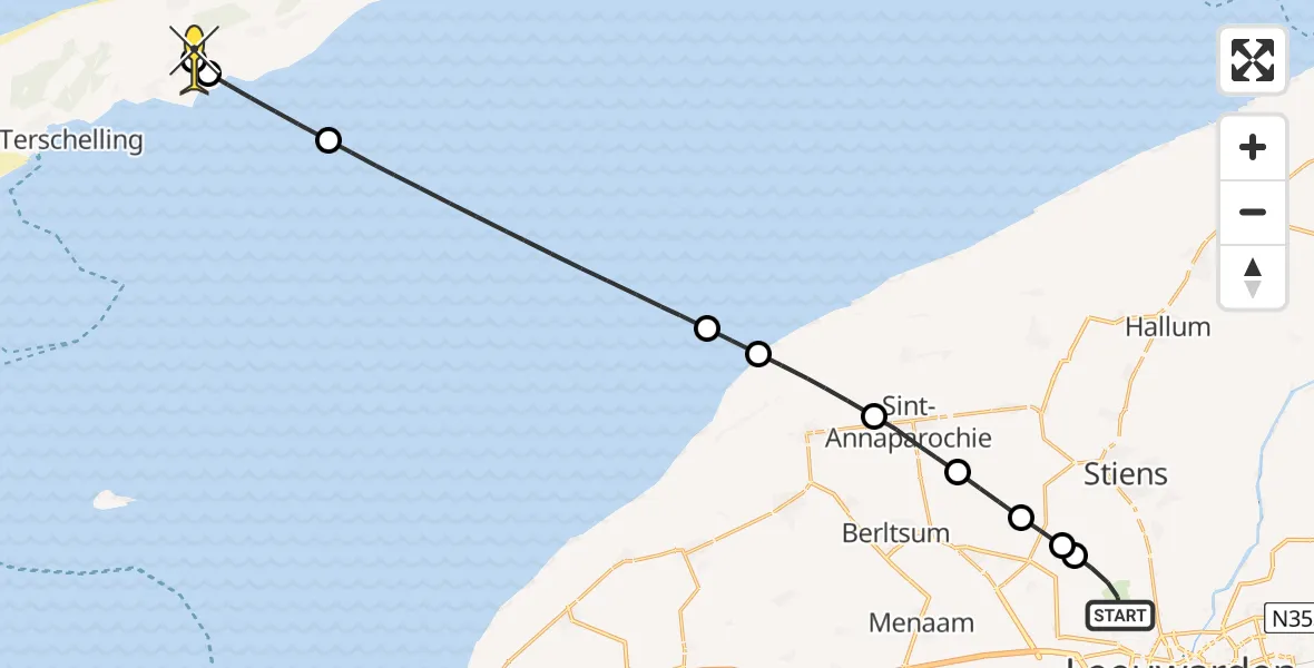 Routekaart van de vlucht: Ambulancehelikopter naar Midsland, Bitgumerlân