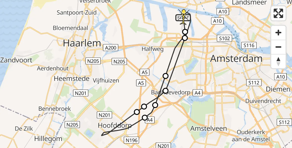 Routekaart van de vlucht: Lifeliner 1 naar Amsterdam Heliport, Hemweg