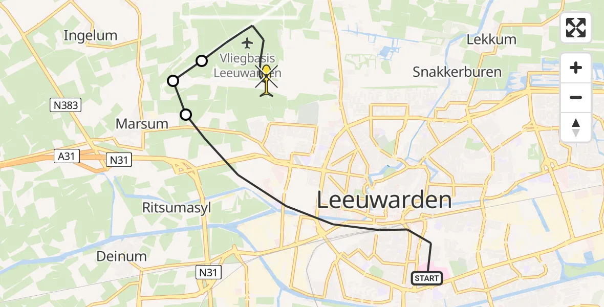 Routekaart van de vlucht: Ambulancehelikopter naar Vliegbasis Leeuwarden, Raadhuisstraat
