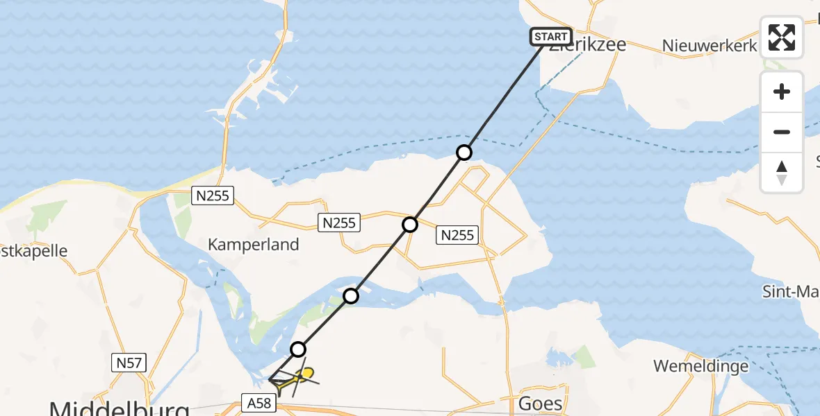 Routekaart van de vlucht: Politieheli naar Vliegveld Midden-Zeeland, Weldamseweg