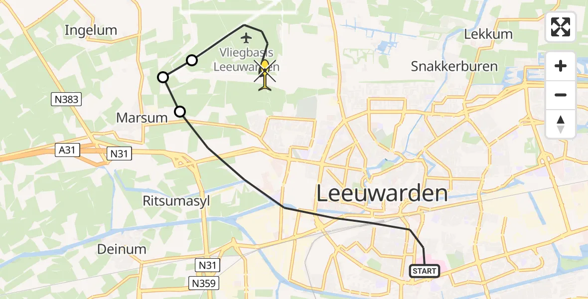 Routekaart van de vlucht: Ambulancehelikopter naar Vliegbasis Leeuwarden, Wijnhornsterstraat
