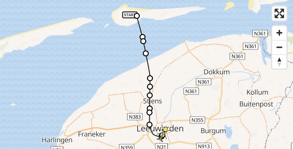 Routekaart van de vlucht: Ambulancehelikopter naar Leeuwarden, Ballumerduun
