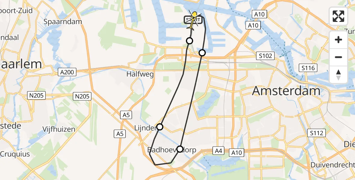 Routekaart van de vlucht: Lifeliner 1 naar Amsterdam Heliport, Westhaven