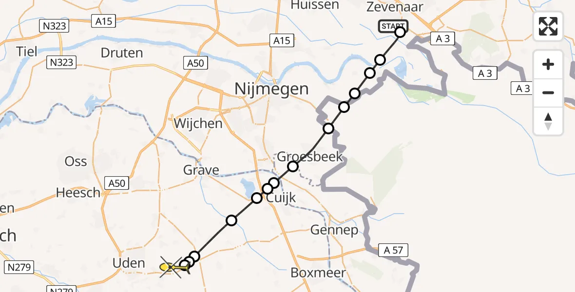 Routekaart van de vlucht: Lifeliner 3 naar Vliegbasis Volkel, Oud Zevenaarsedijk