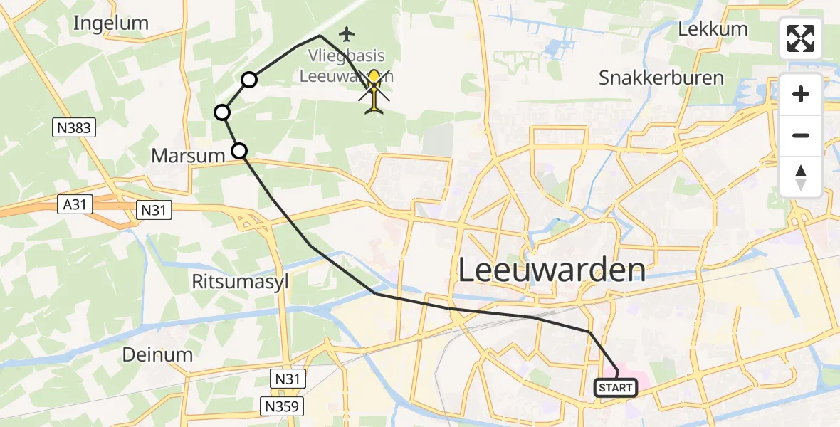Routekaart van de vlucht: Ambulancehelikopter naar Vliegbasis Leeuwarden, Aldlânsdyk