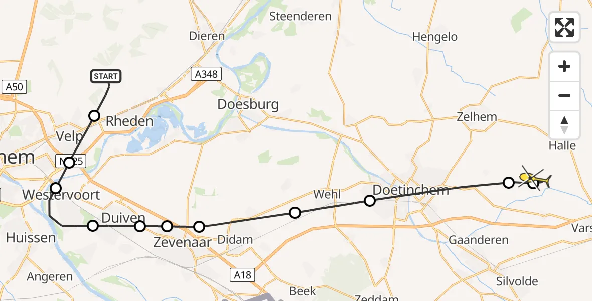 Routekaart van de vlucht: Lifeliner 3 naar Doetinchem, Herikhuizerweg