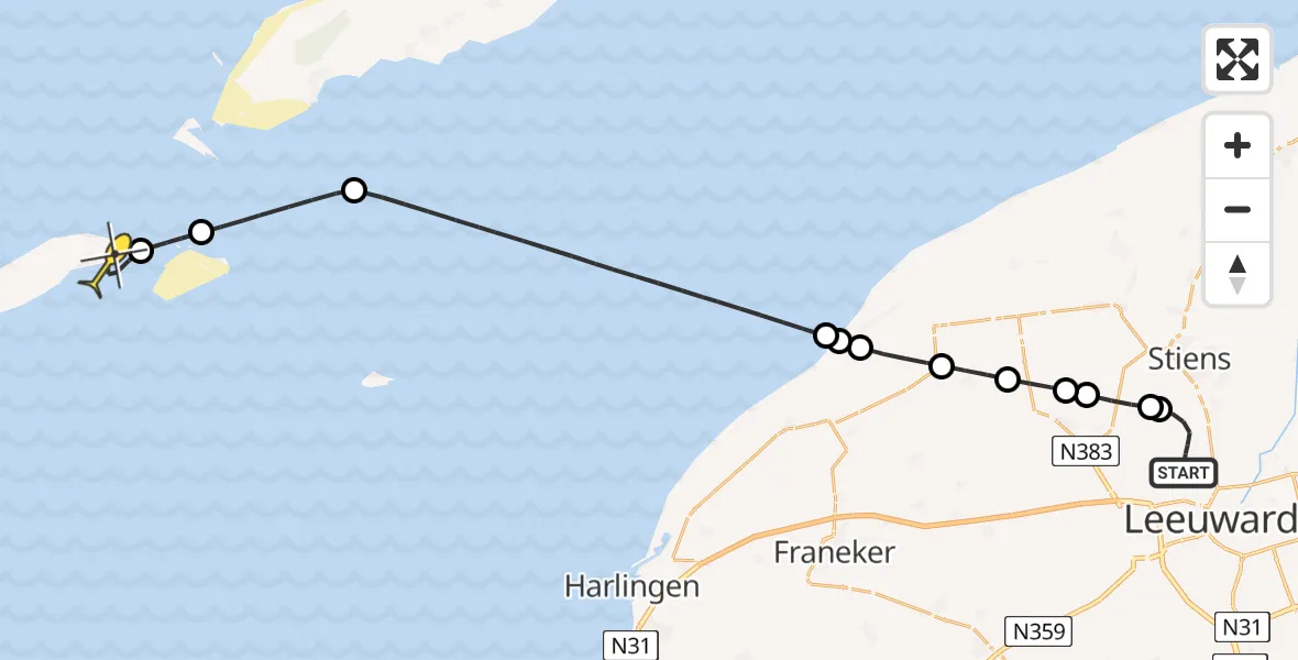 Routekaart van de vlucht: Ambulancehelikopter naar Vlieland Heliport, Keegsdijkje