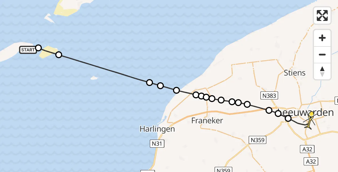 Routekaart van de vlucht: Ambulancehelikopter naar Leeuwarden, Vliesloot