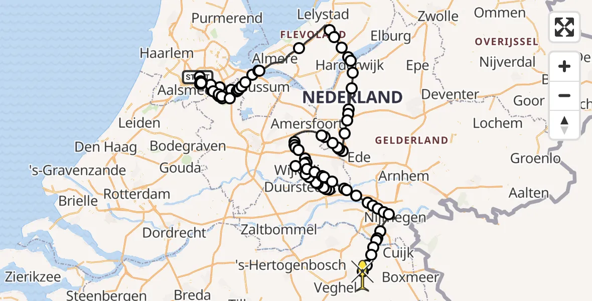Vluchtroute Politiehelikopter van Schiphol naar Vliegbasis Volkel