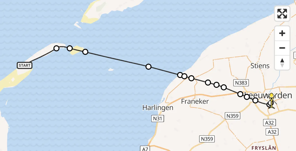 Routekaart van de vlucht: Ambulancehelikopter naar Leeuwarden, Postweg