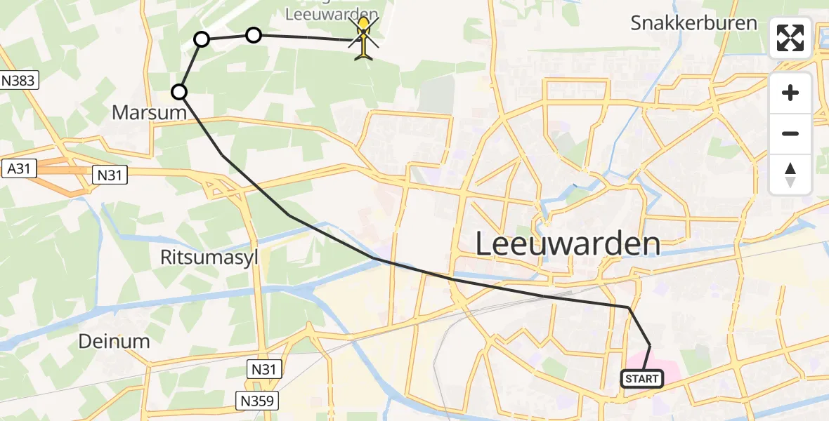 Routekaart van de vlucht: Ambulancehelikopter naar Vliegbasis Leeuwarden, Wijnhornsterstraat