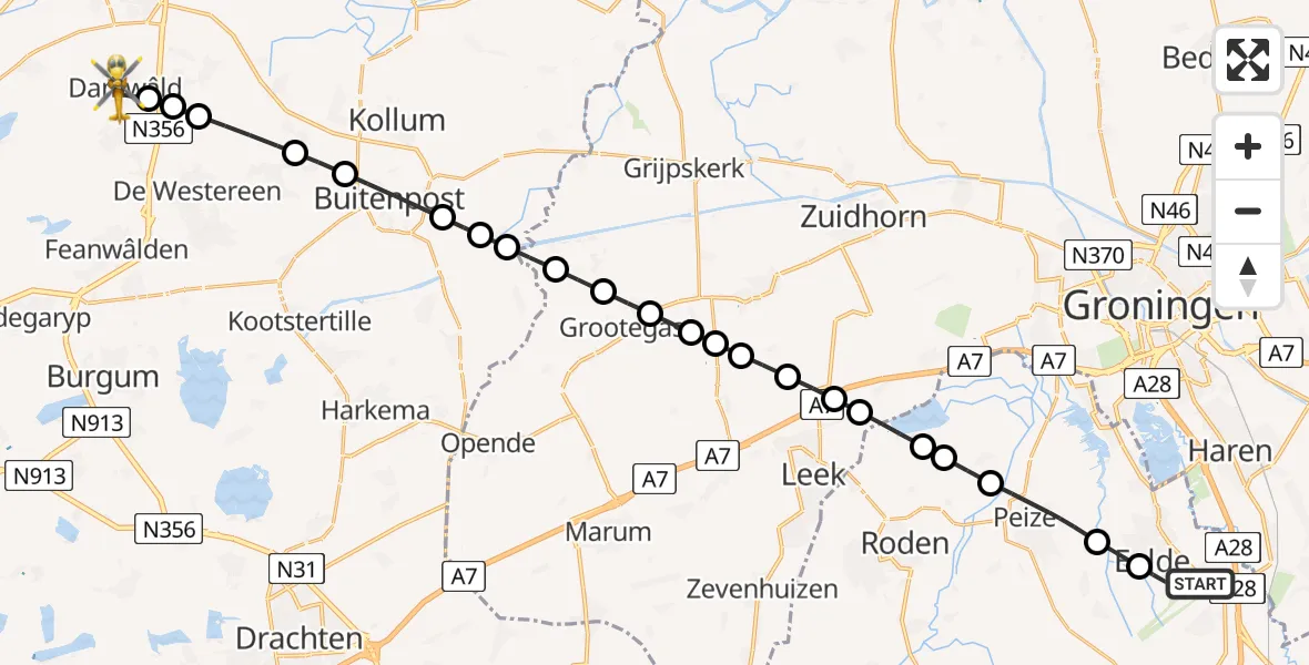 Vluchtroute Traumahelikopter Groningen Airport Eelde - Damwâld, 13 juli 2025, 15:03