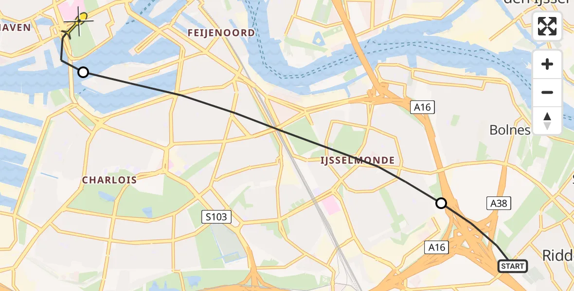 Routekaart van de vlucht: Lifeliner 2 naar Erasmus MC, Bolnesserkade