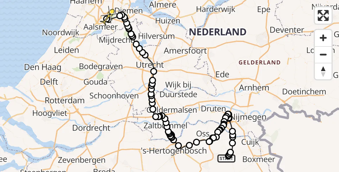 Vluchtroute Politiehelikopter van Vliegbasis Volkel naar Schiphol