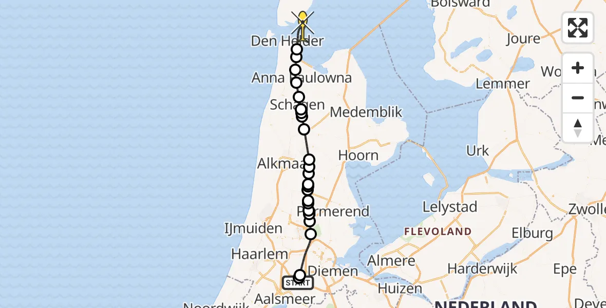 Routekaart van de vlucht: Politieheli naar Den Helder, Nieuwemeerdijk