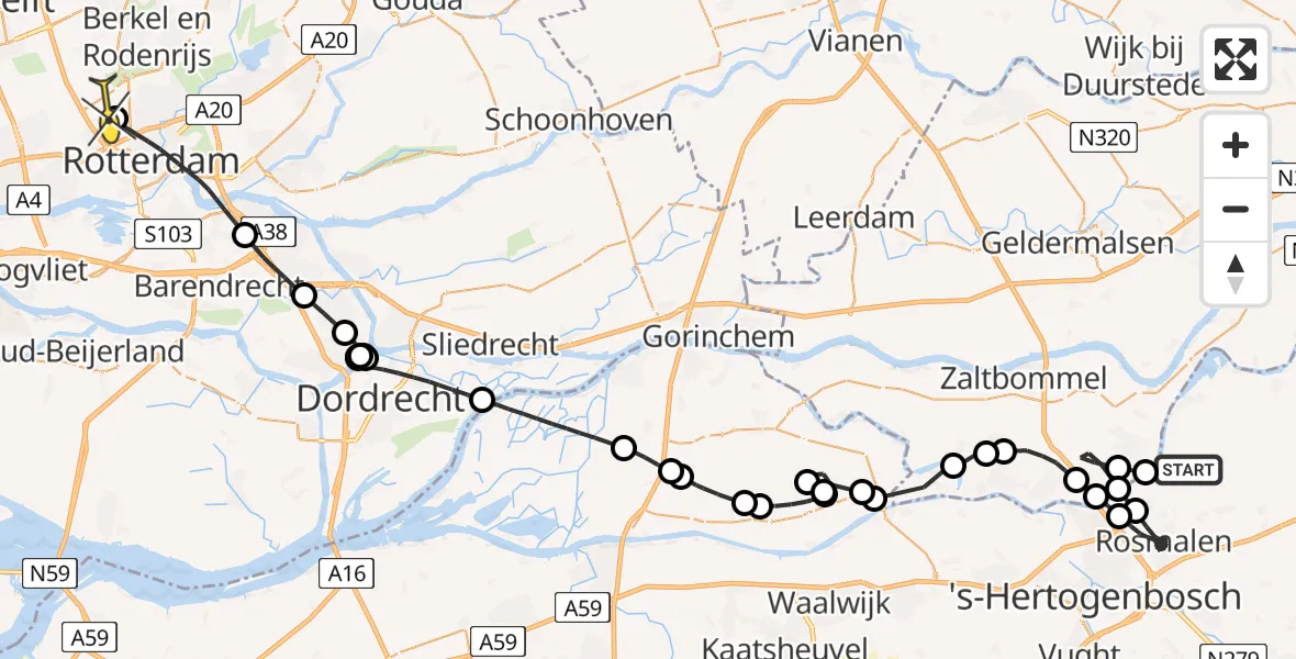 Routekaart van de vlucht: Politiehelikopter naar Rotterdam The Hague Airport, Leeuwkesgraaf
