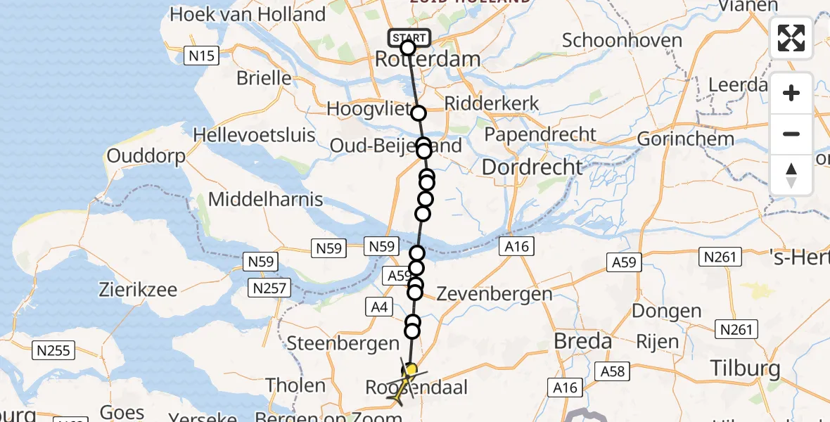 Routekaart van de vlucht: Lifeliner 2 naar Roosendaal, Rijs-en-daalpad
