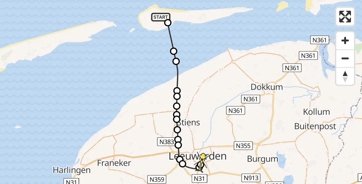 Routekaart van de vlucht: Ambulancehelikopter naar Leeuwarden, Zwanebloemskant