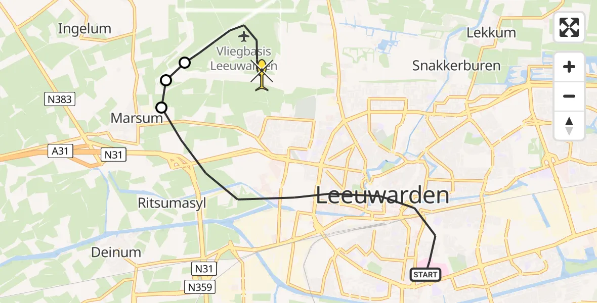 Routekaart van de vlucht: Ambulanceheli naar Vliegbasis Leeuwarden, Hoveniersstraat