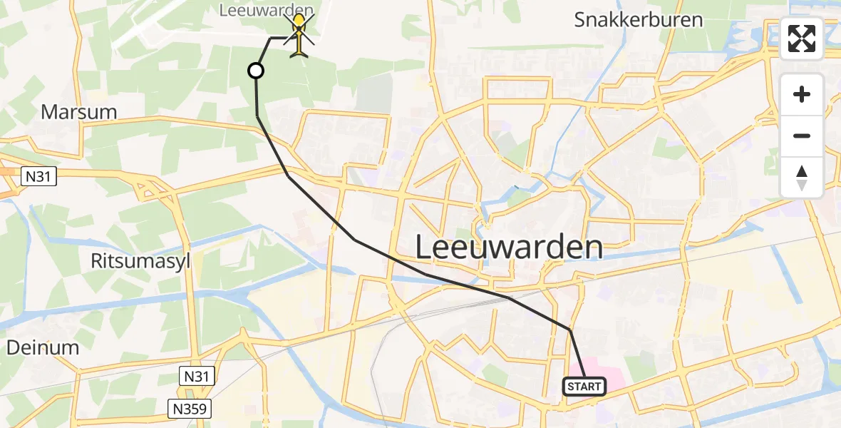 Routekaart van de vlucht: Ambulanceheli naar Vliegbasis Leeuwarden, Stationsplein