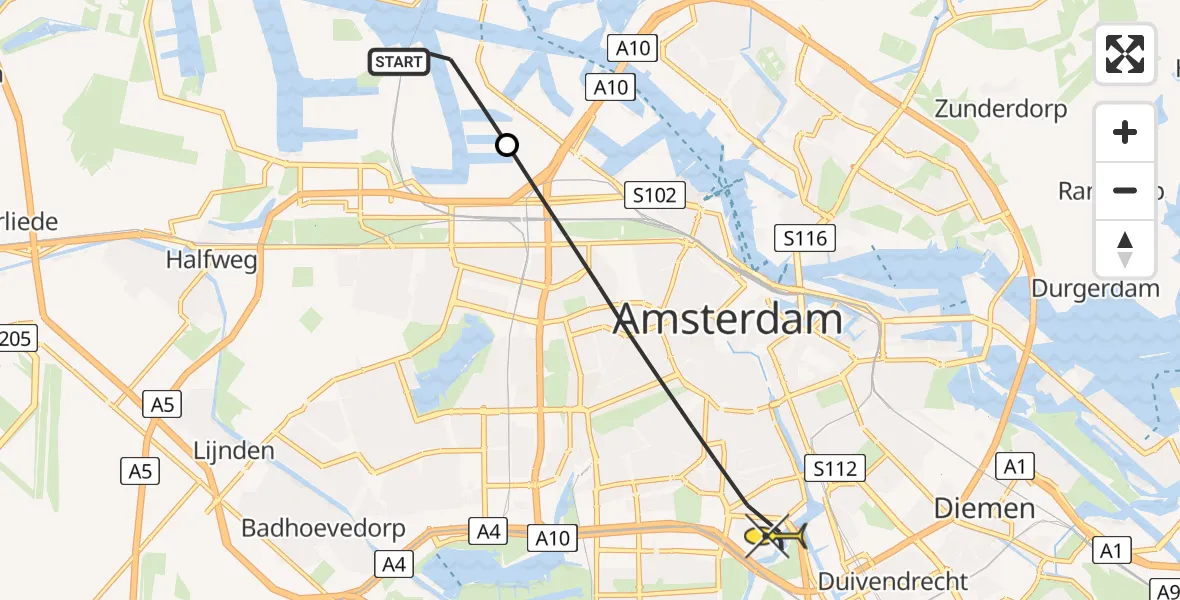 Routekaart van de vlucht: Lifeliner 1 naar Amsterdam, Westhavenweg