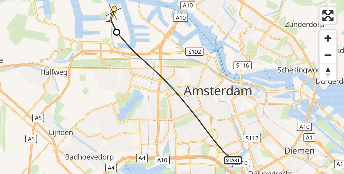 Routekaart van de vlucht: Lifeliner 1 naar Amsterdam Heliport, Churchill-laan