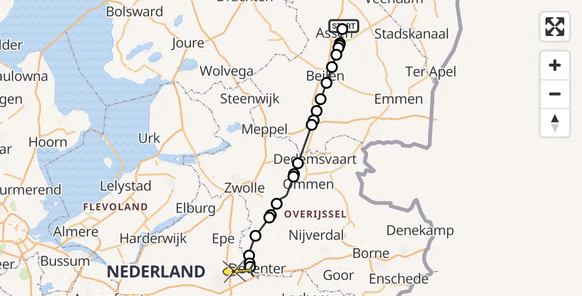 Routekaart van de vlucht: Politieheli naar Vliegveld Teuge, Lonerstraat