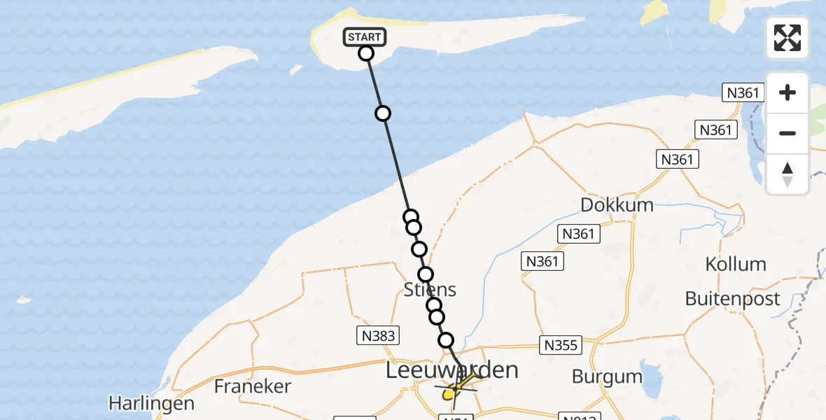 Routekaart van de vlucht: Ambulanceheli naar Leeuwarden, Jelmeraweg