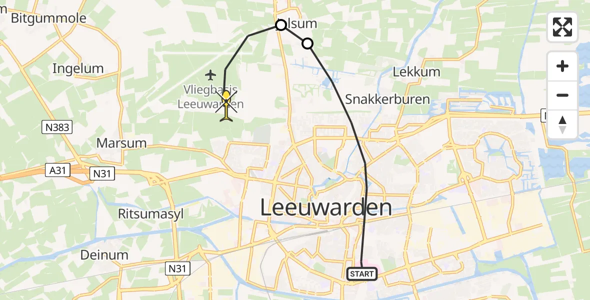 Routekaart van de vlucht: Ambulancehelikopter naar Vliegbasis Leeuwarden, WaterCampus Noord