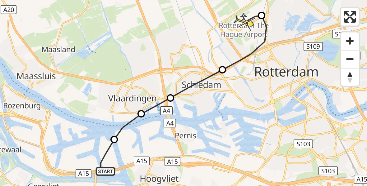 Routekaart van de vlucht: Lifeliner 2 naar Rotterdam The Hague Airport, Koole Tankstorage Botlek