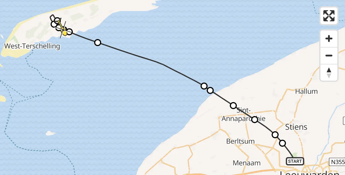 Routekaart van de vlucht: Ambulanceheli naar Midsland, Hogerhuisdyk