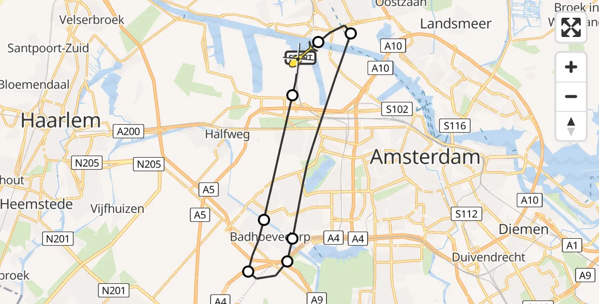Routekaart van de vlucht: Lifeliner 1 naar Amsterdam Heliport, Nieuw-Zeelandweg