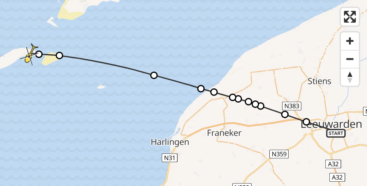 Routekaart van de vlucht: Ambulanceheli naar Vlieland Heliport, Jan Lievensstraat
